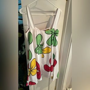 White Floral Print Mini Dress with Green, Yellow & Red Accents
